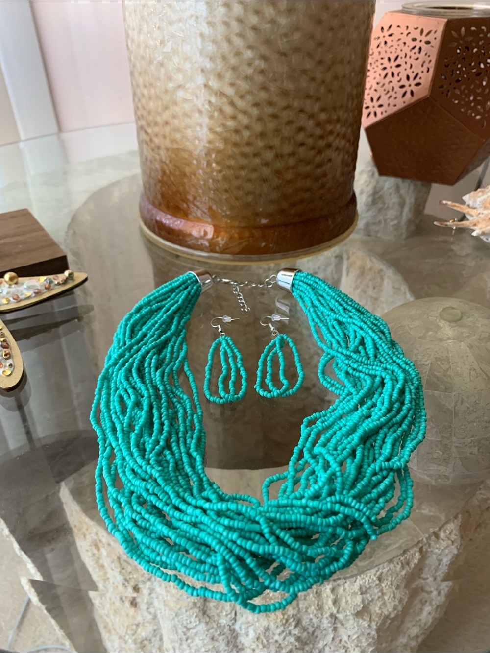 Turquoise Multi-Strand Beaded Necklace and Earrings Set